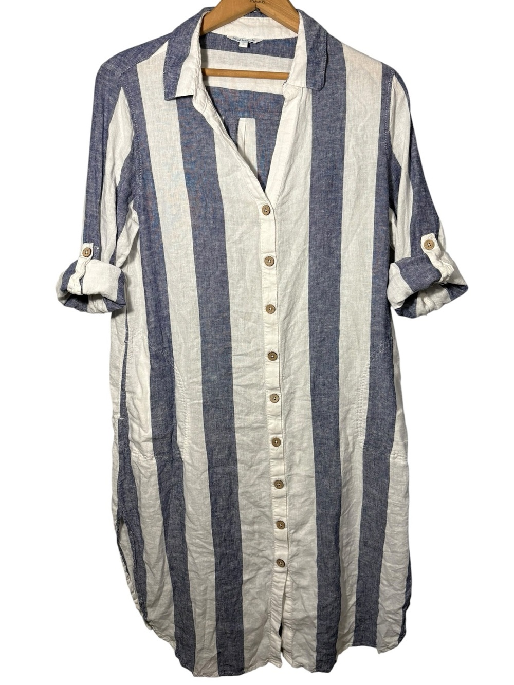 BLUE ISLAND | Blue and White Striped Button-Front Linen Shirt Dress L Coverup - Picture 2 of 14